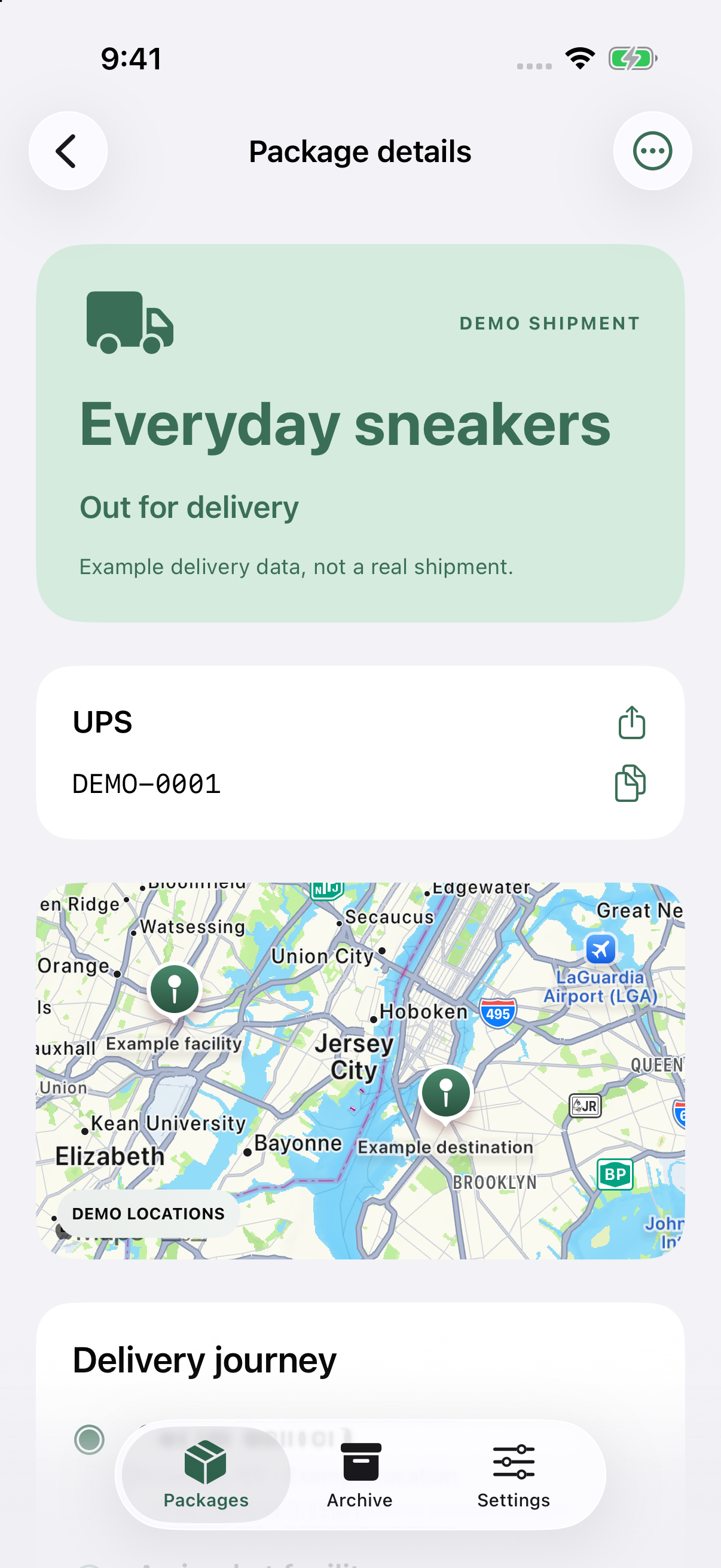 Track It delivery details with a labeled example route and demo timeline