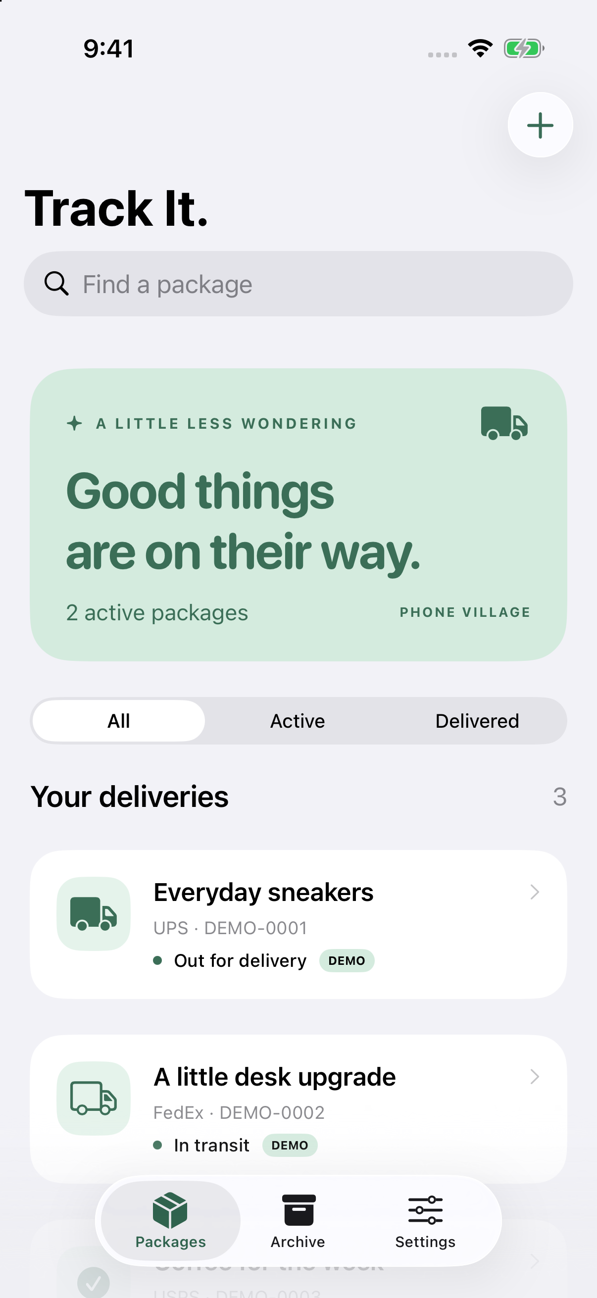 Track It app showing a list of packages and their delivery statuses