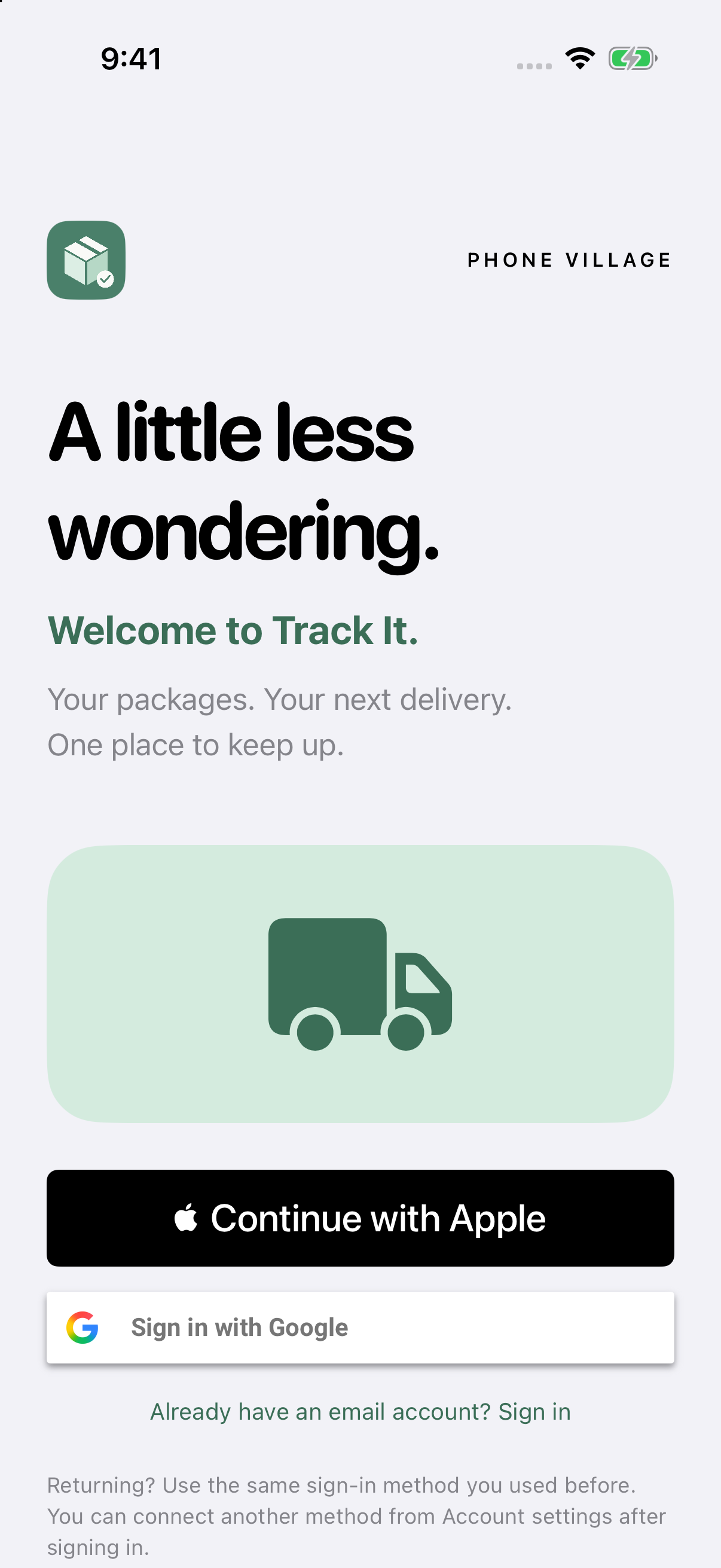 Rebuilt Track It welcome screen with official Apple and Google sign-in buttons