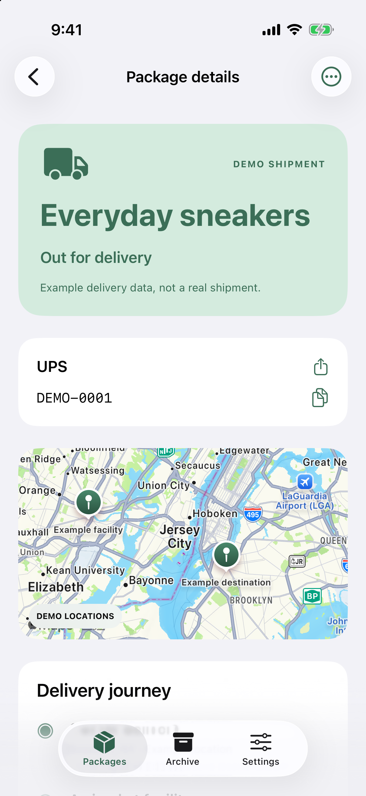 Track It package detail screen captured from the simulator with labeled demo locations
