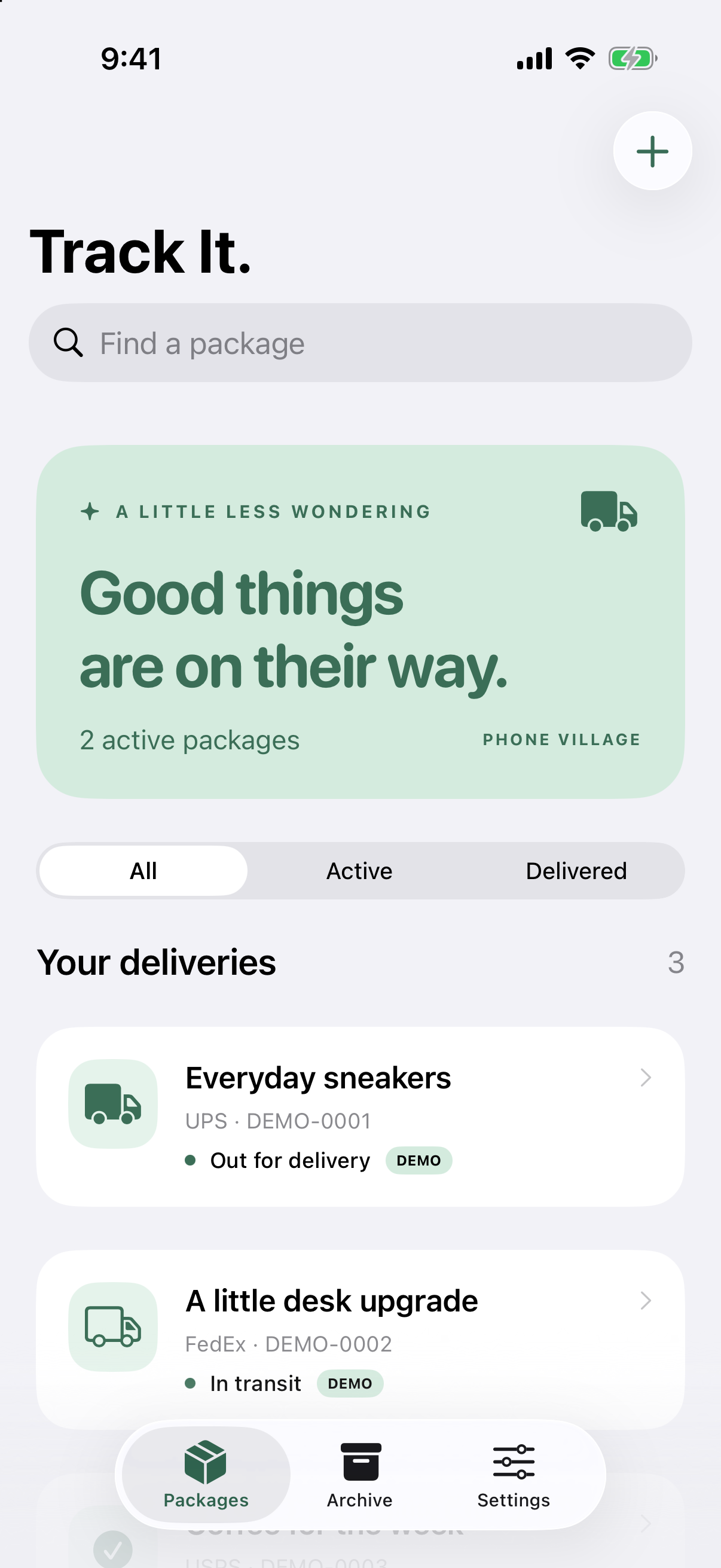 Track It running in the iPhone simulator, showing labeled demo deliveries