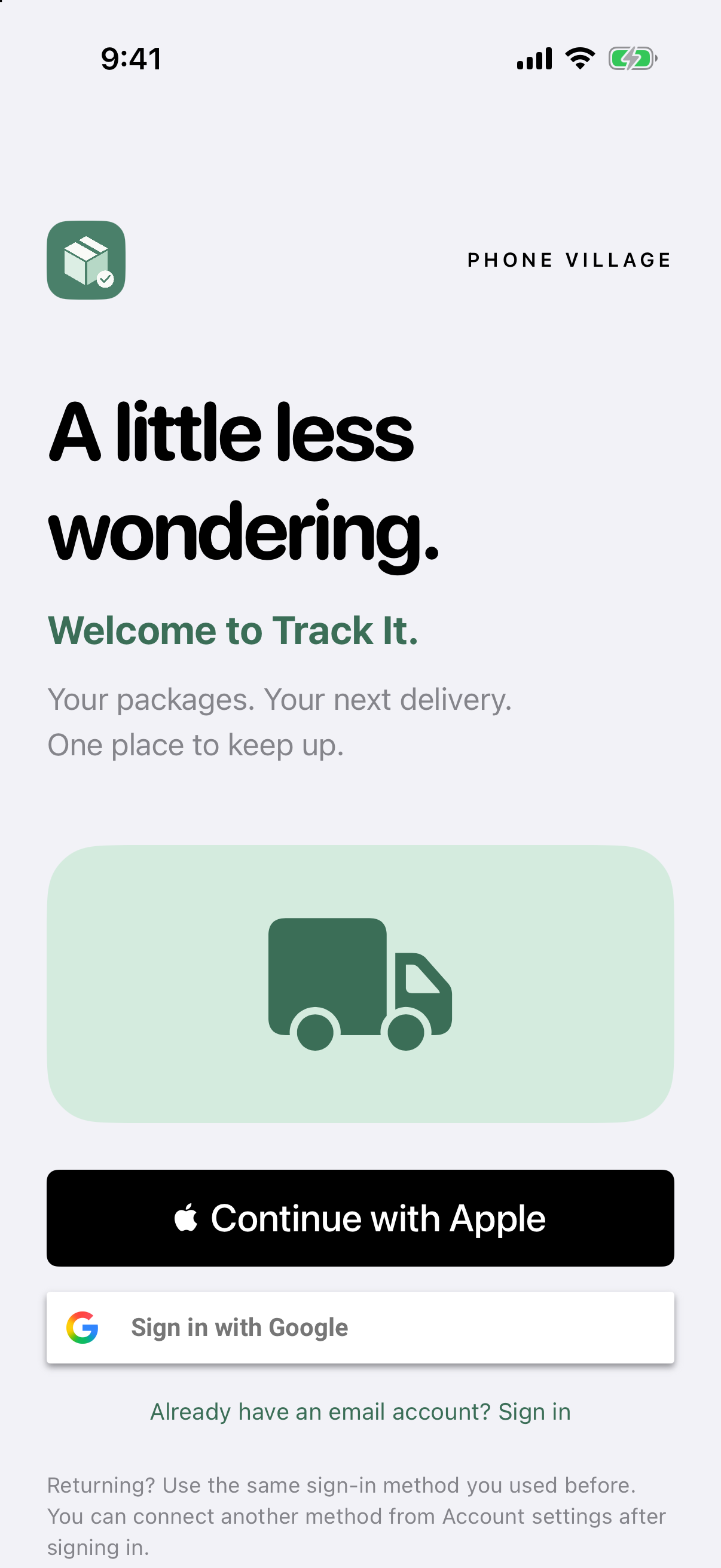 Track It welcome screen with official Apple and Google sign-in buttons